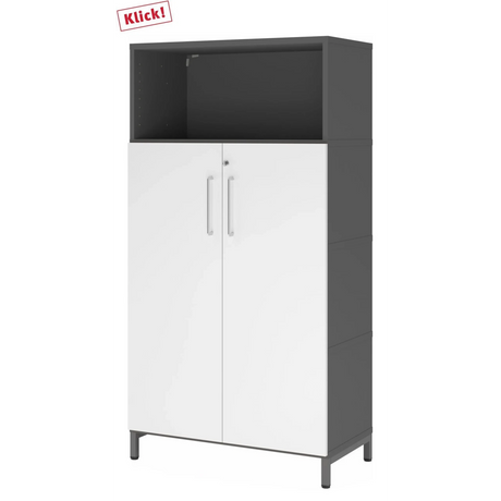 Armadio per documenti FlexWall in grafite e bianco con due ante, vano aperto e base a zoccolo di hjh OFFICE PRO