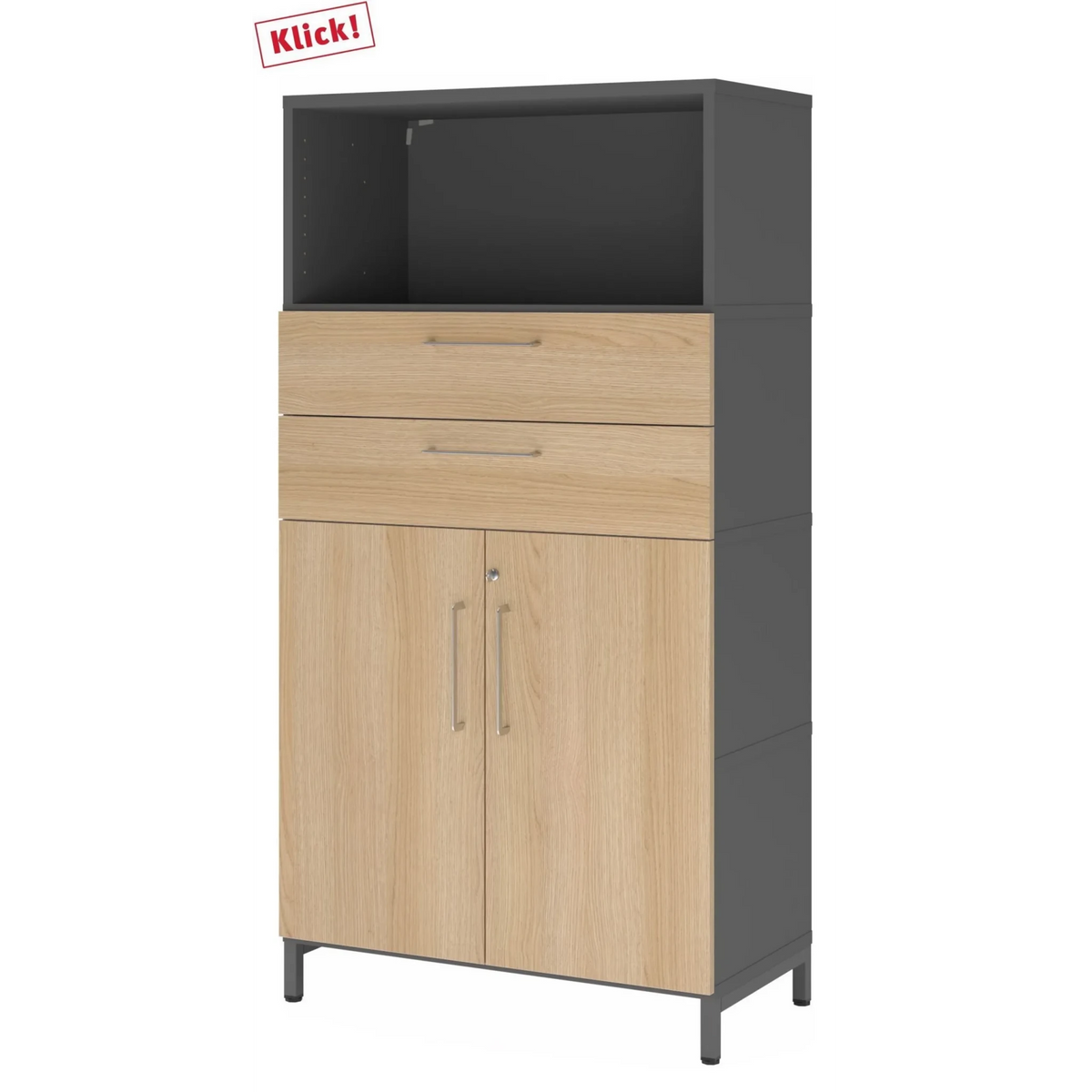 Mobile archivio FlexWall in grafite e rovere con due cassetti, due ante e un vano aperto di hjh OFFICE PRO
