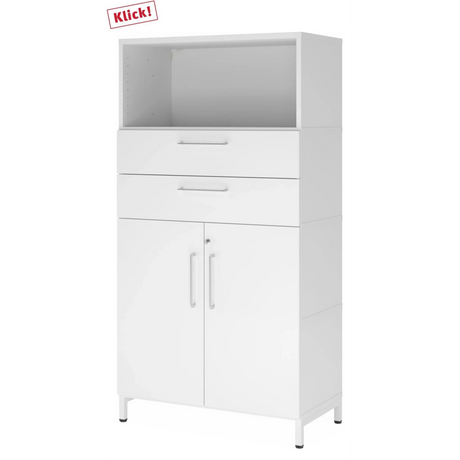 Mobile archiviatore bianco FlexWall con due cassetti, due ante e un vano aperto su base a zoccolo di hjh OFFICE PRO