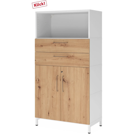 Mobile archivio FlexWall in bianco e rovere frassino con due cassetti, due ante e base a zoccolo bianca di hjh OFFICE PRO