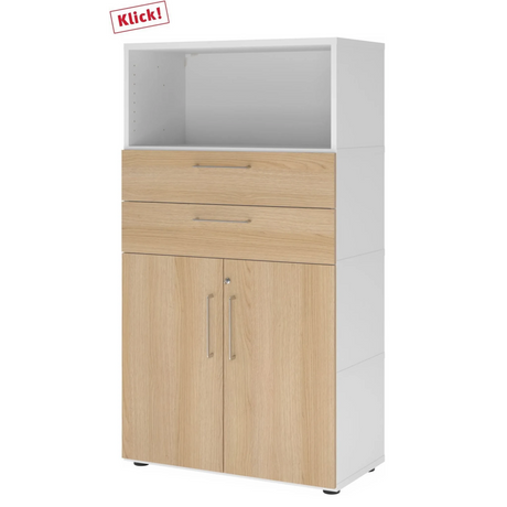 Mobile ufficio FlexWall in bianco e rovere con due cassetti, due ante e un vano aperto di hjh OFFICE PRO