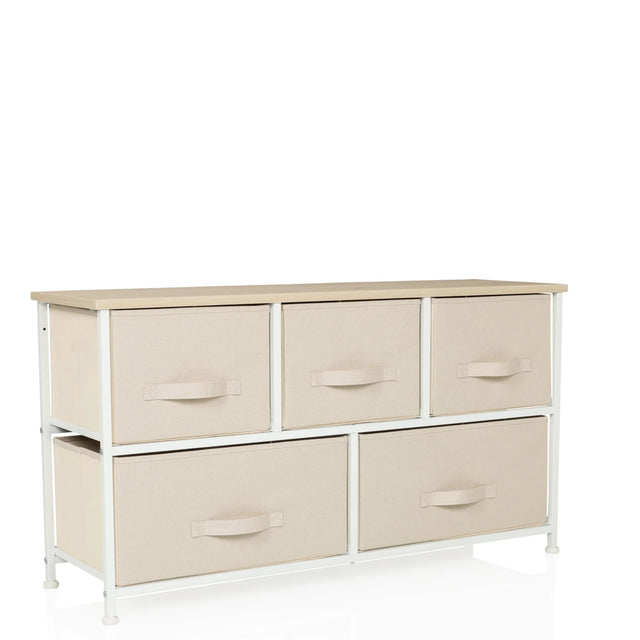 Cassettiera beige FOLDAR con cinque cassetti in tessuto e piano in legno chiaro di hjh LIVING