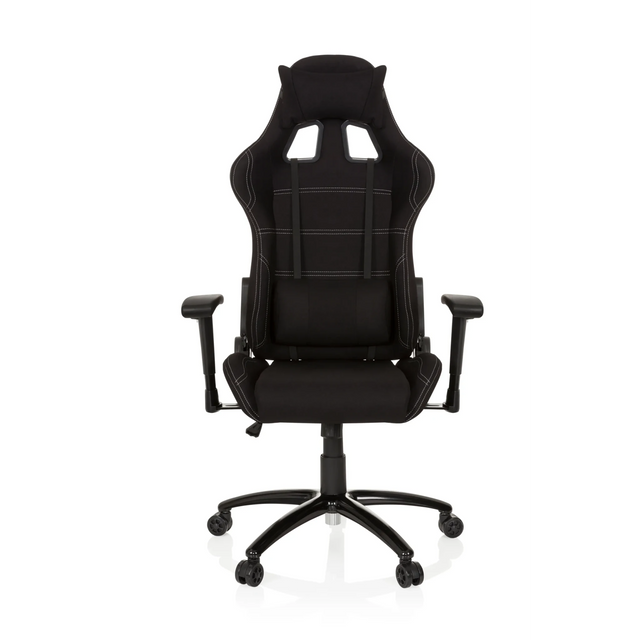 Sedia da gaming GAME FORCE nera con rivestimento in tessuto, cuciture decorative bianche e braccioli di hjh OFFICE