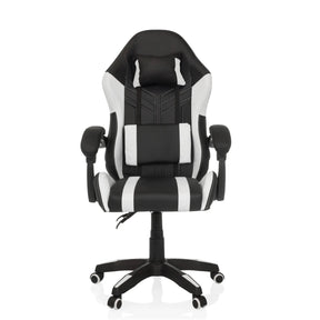 Sedia da gaming GAMEBREAKER W02 in bianco e nero con cuscini per il collo e lombari e rotelle di MyBuero