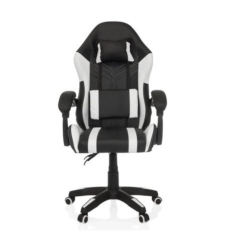 Sedia da gaming GAMEBREAKER W02 in bianco e nero con cuscini per il collo e lombari e rotelle di MyBuero