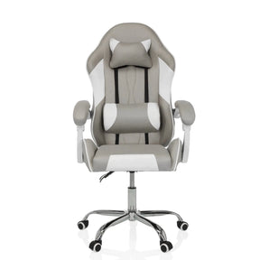 Sedia da gaming GAMEBREAKER W03 in grigio-bianco con cuscini per collo e lombari e base argentata di MyBuero