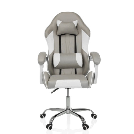 Sedia da gaming GAMEBREAKER W03 in grigio-bianco con cuscini per collo e lombari e base argentata di MyBuero