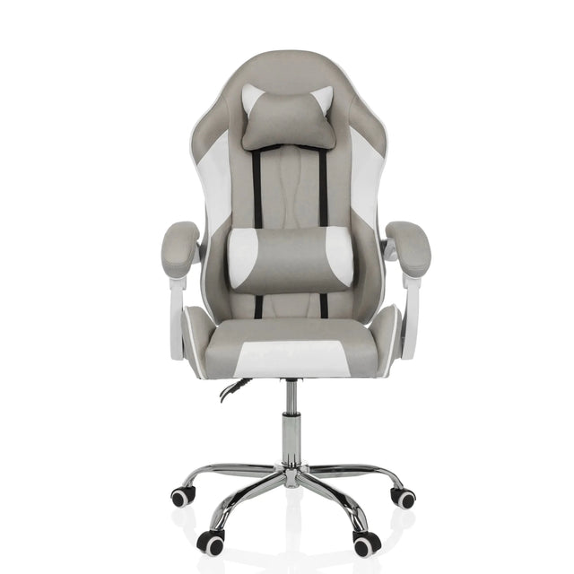Sedia da gaming GAMEBREAKER W03 in grigio-bianco con cuscini per collo e lombari e base argentata di MyBuero