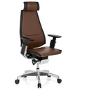 High-end Sedia da ufficio GENIDIA PRO con rivestimento in pelle marrone, accenti neri e base cromata di hjh OFFICE