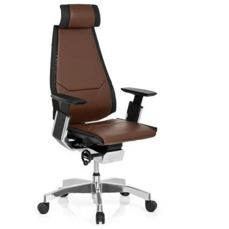 High-end Sedia da ufficio GENIDIA PRO con rivestimento in pelle marrone, accenti neri e base cromata di hjh OFFICE
