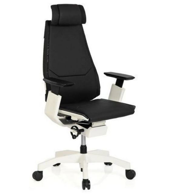 High-end Sedia da ufficio GENIDIA PRO WHITE con rivestimento in pelle nera e struttura bianca di hjh OFFICE