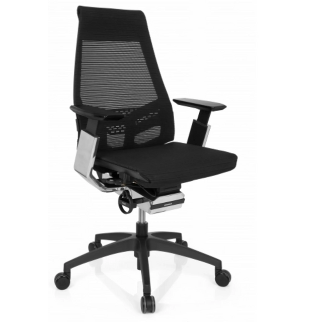 Sedia da ufficio professionale GENIDIA SMART BLACK CM con rivestimento in rete nera ed elementi cromati di hjh OFFICE
