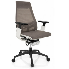 Sedia da ufficio professionale GENIDIA SMART WHITE con rivestimento in rete grigia, braccioli bianchi e base nera di hjh OFFICE