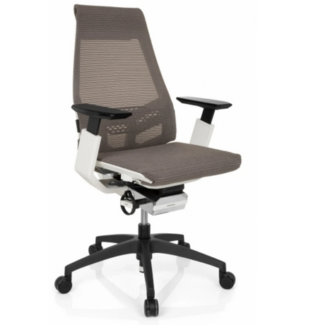 Sedia da ufficio professionale GENIDIA SMART WHITE con rivestimento in rete grigia, braccioli bianchi e base nera di hjh OFFICE