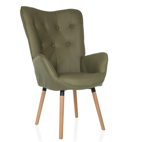 Poltrona imbottita verde HAVENIO I con bottoni e gambe in legno chiaro di hjh LIVING