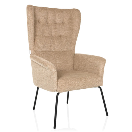 Poltrona imbottita beige HAVENIO con trapuntatura a bottoni e gambe in metallo nero di hjh LIVING