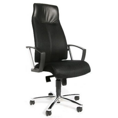 Poltrona professionale HIGH SIT UP nera con schienale in rete, braccioli e base a stella di Topstar