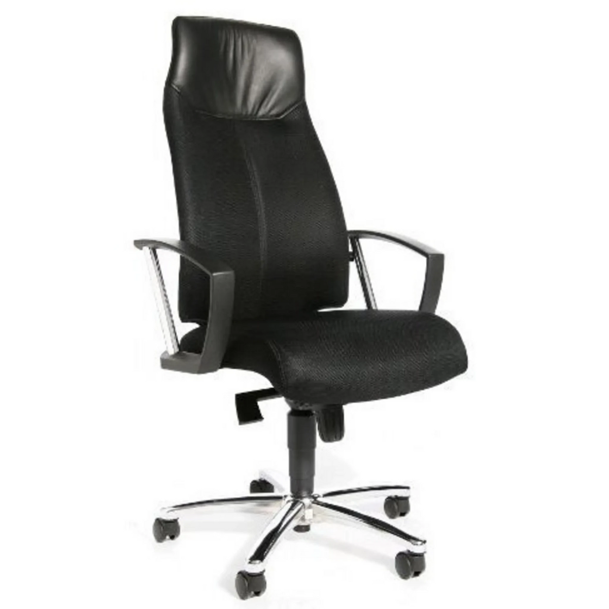 Poltrona professionale HIGH SIT UP nera con schienale in rete, braccioli e base a stella di Topstar