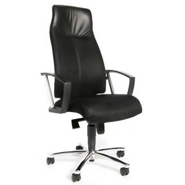 Poltrona professionale HIGH SIT UP nera con schienale in rete, braccioli e base a stella di Topstar