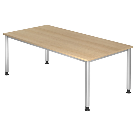 Scrivania regolabile in altezza HILO 2E S in effetto rovere con quattro gambe argentate di hjh OFFICE PRO