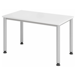 Scrivania regolabile in altezza HILO 612 S in bianco e argento con quattro gambe rotonde di hjh OFFICE PRO
