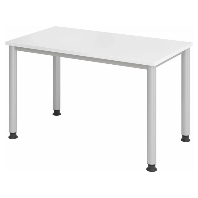 Scrivania regolabile in altezza HILO 612 S in bianco e argento con quattro gambe rotonde di hjh OFFICE PRO