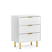 Cassettiera bianca Hjelle K con design frontale scanalato, tre maniglie dorate e quattro piedini dorati di hjh LIVING