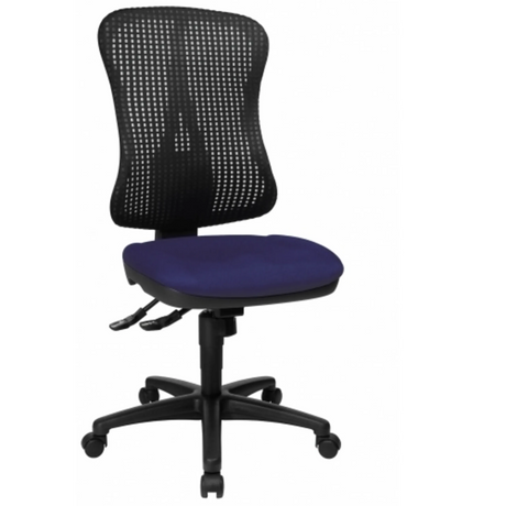 Sedia da ufficio professionale HJH SOLUTION BASIC con cuscino di seduta blu, schienale in rete nera e base a rotelle di Topstar