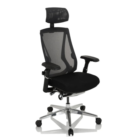 High-end Sedia da ufficio INSPERO in nero con schienale in rete, poggiatesta e base in cromo di hjh OFFICE