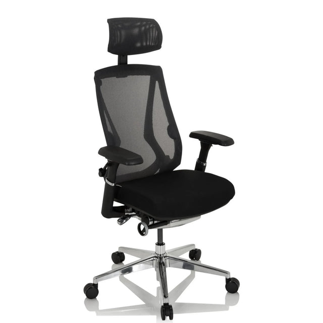 High-end Sedia da ufficio INSPERO in nero con schienale in rete, poggiatesta e base in cromo di hjh OFFICE