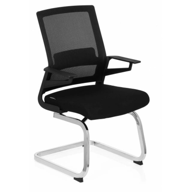 Sedia a sbalzo INVENTOR V nera con schienale in rete, braccioli e struttura a slitta cromata di hjh OFFICE