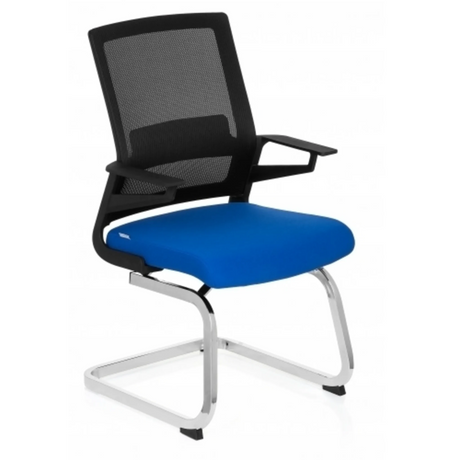 Sedia a sbalzo INVENTOR V con rivestimento del sedile blu, schienale in rete nera e struttura cromata di hjh OFFICE