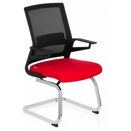 Sedia a sbalzo INVENTOR V con schienale in rete nera, seduta rossa e struttura cromata di hjh OFFICE