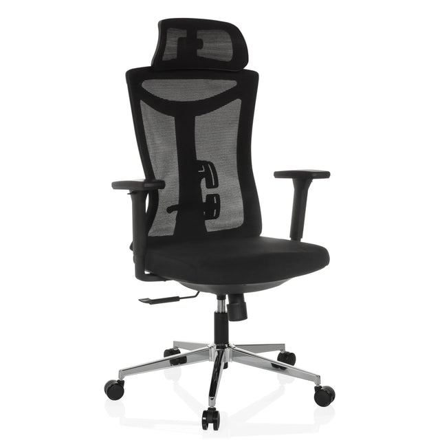 Sedia da ufficio professionale KAMIAK in nero con schienale in rete e base cromata di hjh OFFICE
