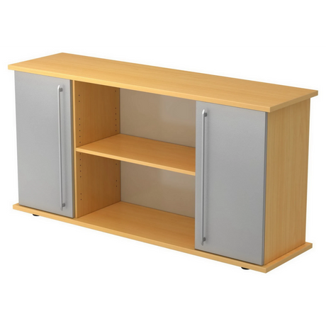 Credenza KAPA SB effetto faggio con due ante argentate, maniglie a barra e ripiani aperti di hjh OFFICE PRO