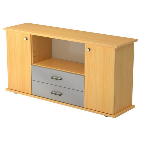 Credenza KAPA SB effetto faggio con due ante, un vano aperto e due cassetti grigi di hjh OFFICE PRO