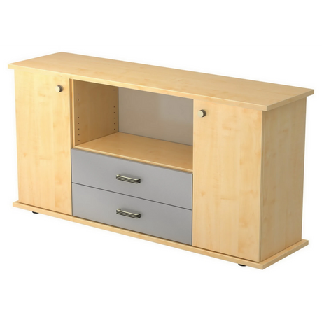 Credenza KAPA SB effetto acero con due ante, un vano aperto e due cassetti grigi di hjh OFFICE PRO