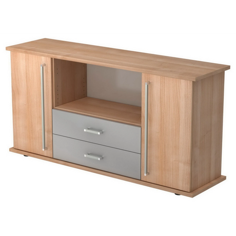 Credenza KAPA SB effetto noce con due ante, due cassetti grigi e maniglie cromate di hjh OFFICE PRO