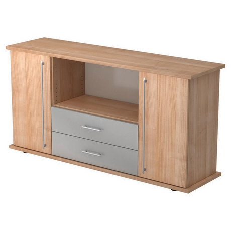 Credenza KAPA SB in effetto legno con due ante, due cassetti grigi e maniglie a barra di hjh OFFICE PRO