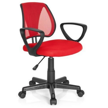 Sedia girevole per bambini KIDDY CD rossa con schienale in rete, braccioli neri e rotelle di hjh OFFICE