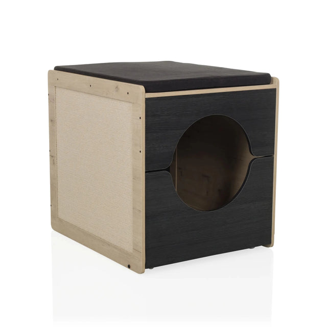 Cuccia per gatto KITTY PAWBOX 2 in nero e rovere con apertura circolare e cuscino di hjh LIVING