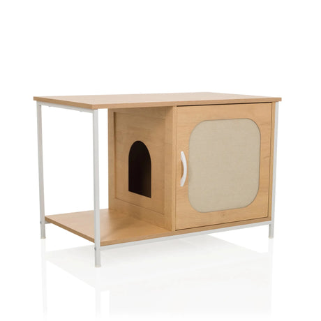 Cuccia per gatto KITTYHOME 1 in aspetto faggio con struttura in metallo bianco e zona notte integrata di hjh LIVING