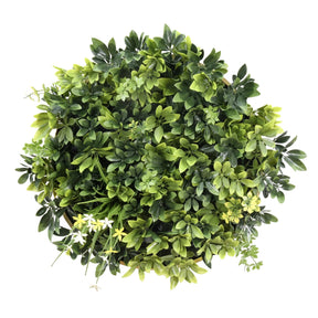 Pannello vegetale verde LEAFLUXE WALL 2 con fogliame denso e piccoli fiori bianchi di hjh LIVING