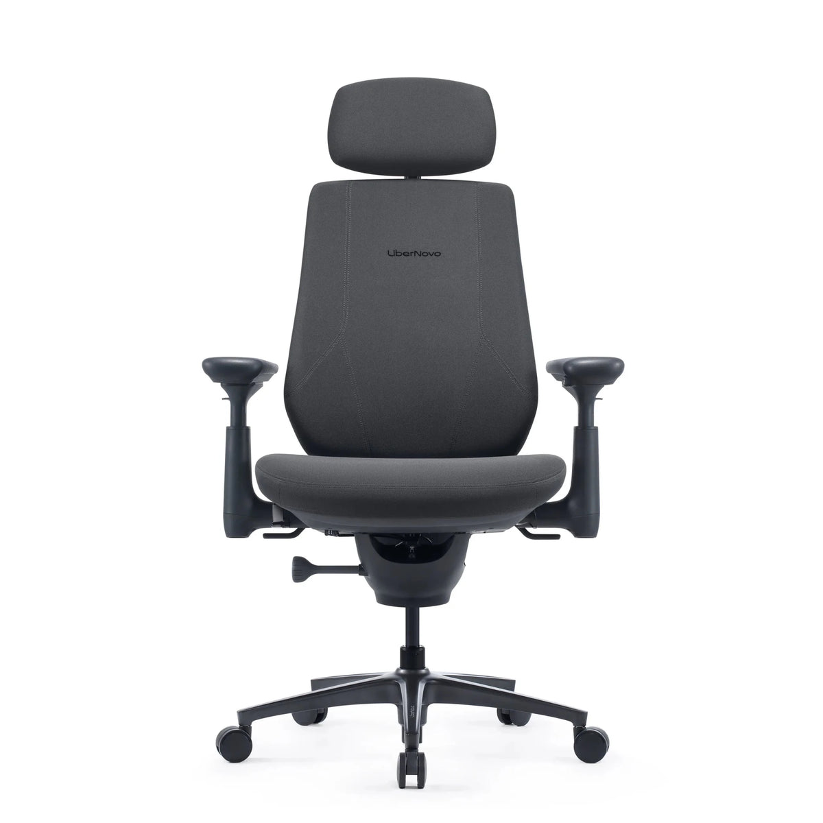 Sedia da ufficio LiberNovo Maxis Airflow in grafite con poggiatesta, braccioli e cinque rotelle di Libernovo