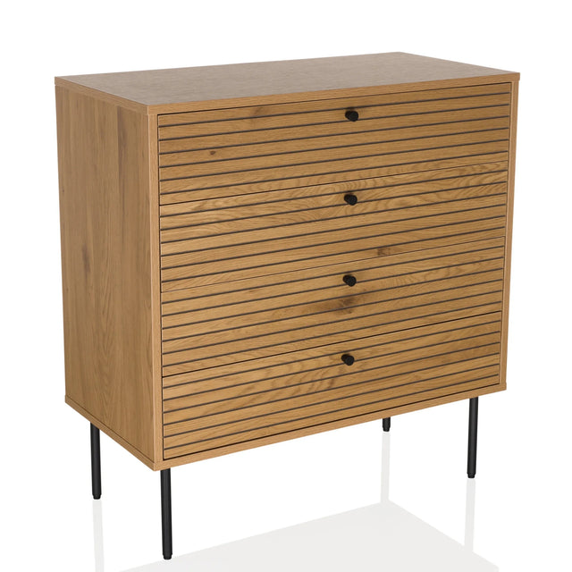 Cassettiera LINNO K in aspetto rovere con frontali dei cassetti scanalati e gambe nere di hjh LIVING
