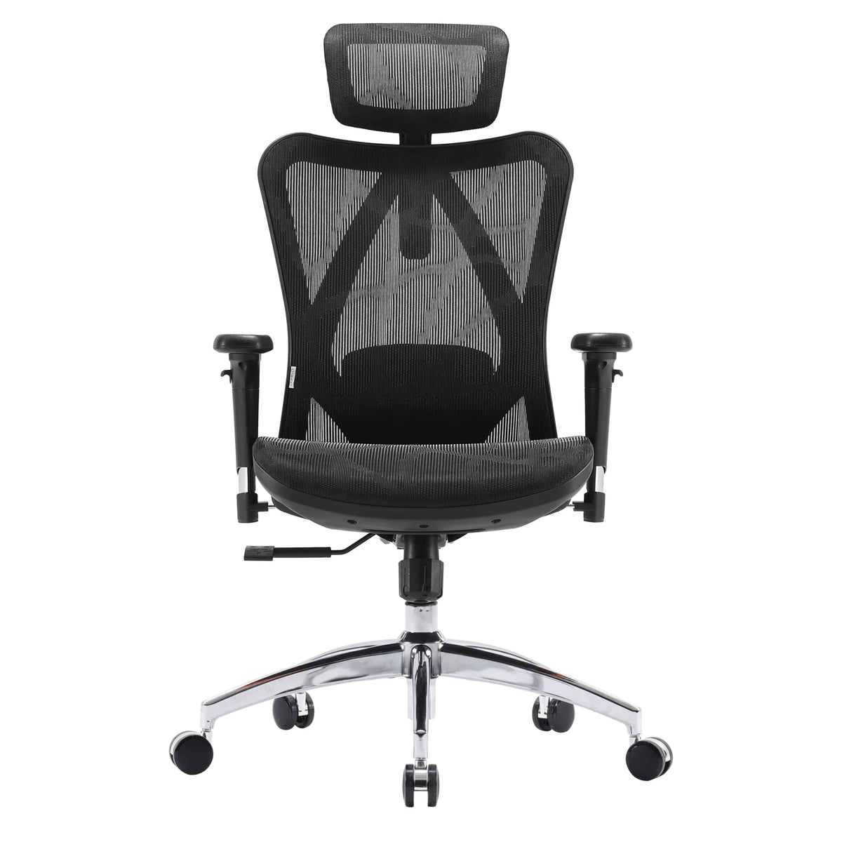 Sedia da ufficio professionale M57-M015 con rivestimento in rete nera, poggiatesta e base cromata di Sihoo