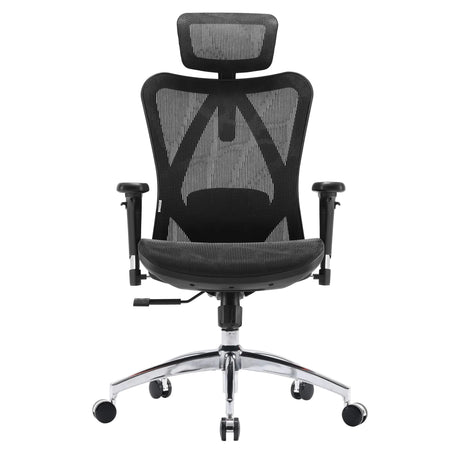 Sedia da ufficio professionale M57-M015 con rivestimento in rete nera, poggiatesta e base cromata di Sihoo