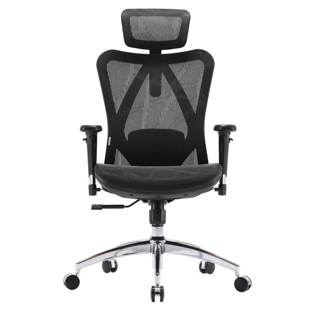 Sedia da ufficio professionale M57-M015 con rivestimento in rete nera, poggiatesta e base cromata di Sihoo