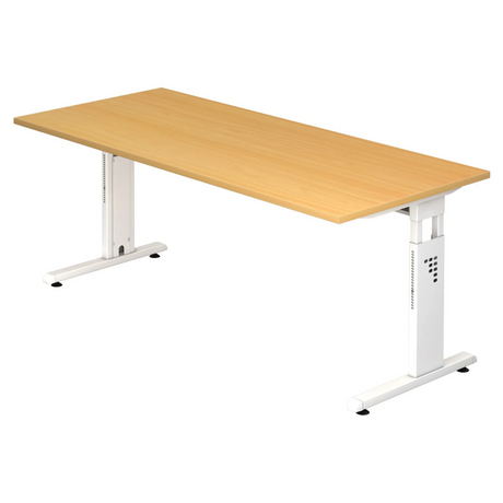 Scrivania regolabile in altezza MEGA 19 W con piano color faggio e struttura bianca di hjh OFFICE PRO