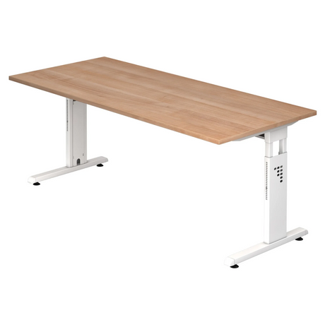 Scrivania regolabile in altezza MEGA 19 W con piano in noce e struttura bianca di hjh OFFICE PRO